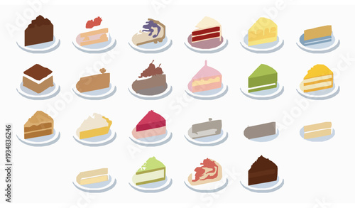 Isometric dessert cake slice icon collection flat 3D sweet bakery vector set isolated on white background