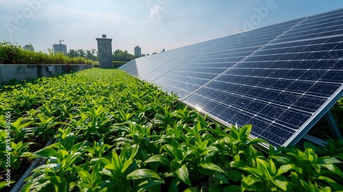 Rooftop Solar Panels Above Green Plants on Urban Eco Building for Sustainable Renewable Energy