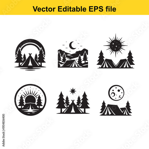 Camping Logo Design Set with Nature Elements - Vector Illustration