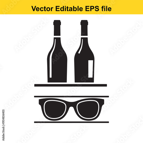 Wine Bottles and Sunglasses Silhouette Icon Set - Vector Illustration