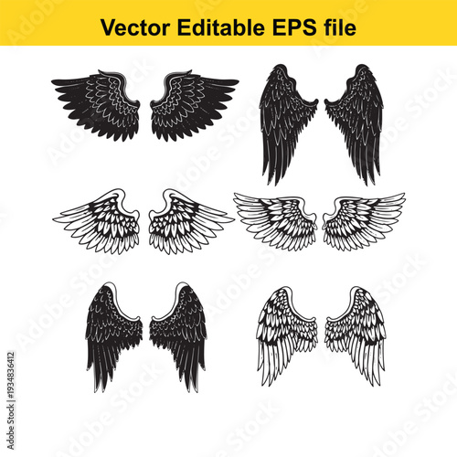 Angel Wings Collection Vector Illustration Set - Black and White