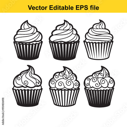 Cupcake Vector Illustrations with Decorative Frosting Designs