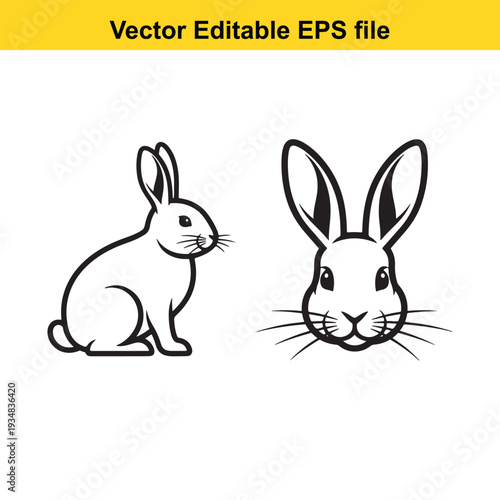 Rabbit Vector Illustration Set with Simple Line Art Style