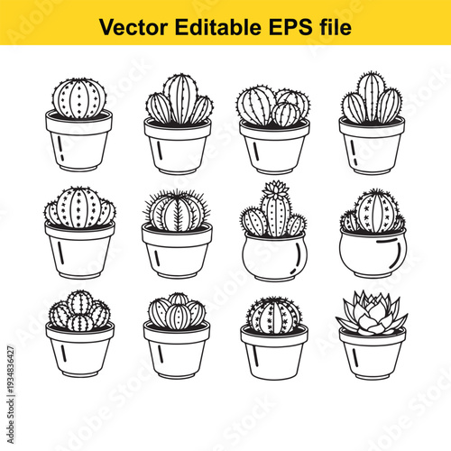 Cactus Collection in Pots Line Art Vector Illustration
