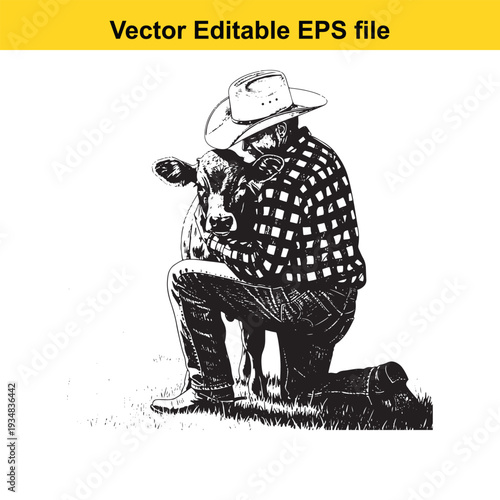 Cowboy Hugging Cow Calf Illustration - Black White Monochrome