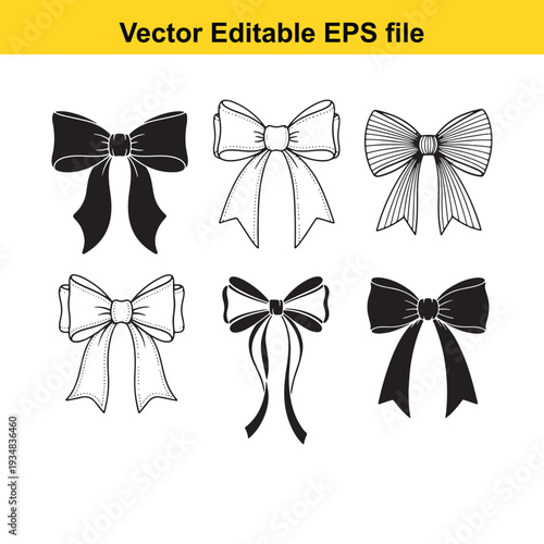 Bow Vector Illustrations Set - Black and White Collection