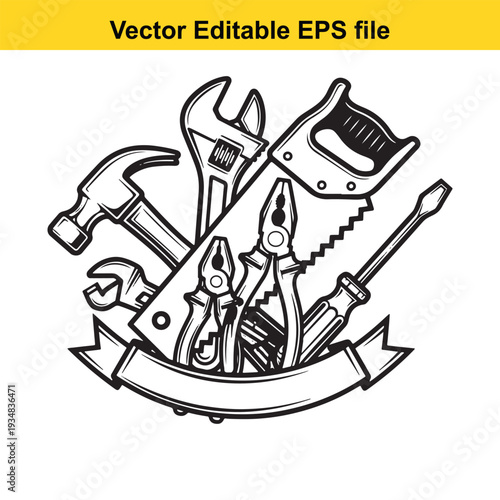 Tools Emblem Design with Hand Tools - Vector Illustration