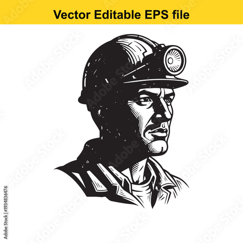 Miner Man Illustration with Hardhat and Headlamp - Vector Graphic