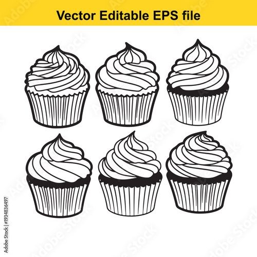 Cupcake Vector Illustration Set with Frosting Designs