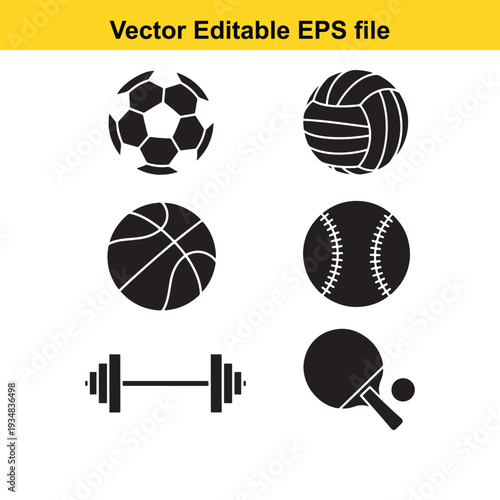 Sports Icons Set with Various Equipment - Vector Illustration