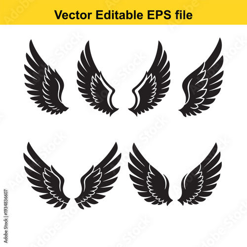 Black Wing Silhouette Vector Set with Feather Details