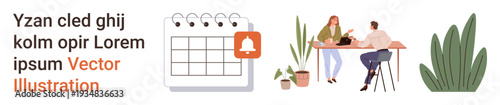 Time management, scheduling, workplace, communication, collaboration, productivity. A desk calendar with a reminder icon and people interacting in an office. Time management and scheduling concept
