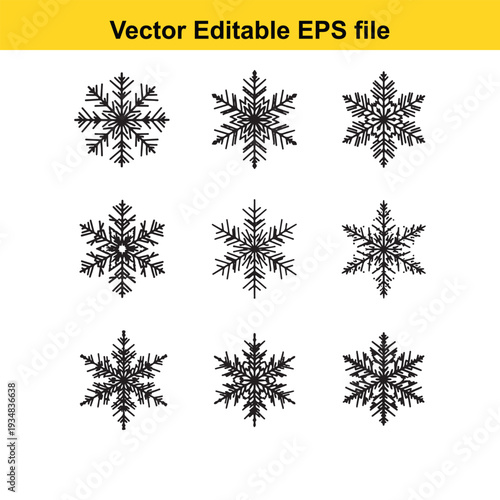 Black Snowflake Set Vector Illustration on White Background