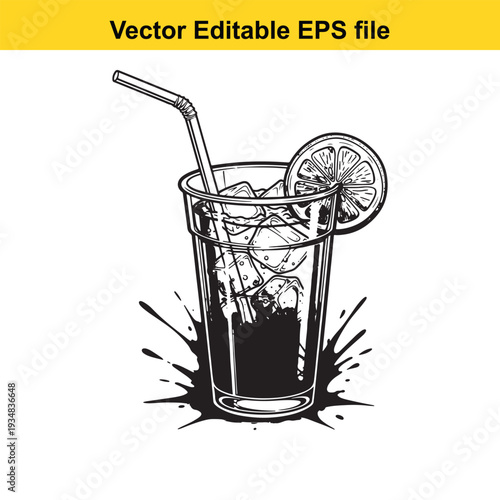 Black and White Cocktail Glass with Lemon Slice Illustration