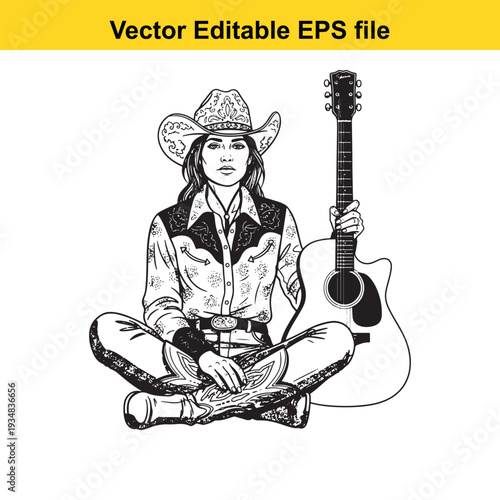 Cowgirl Playing Guitar Vector Illustration on White Background