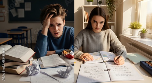 Split classroom scene: left overwhelmed student with messy notes frustration; right highlighted study plan focused writing sunlight on desk academic problem to solution transformation