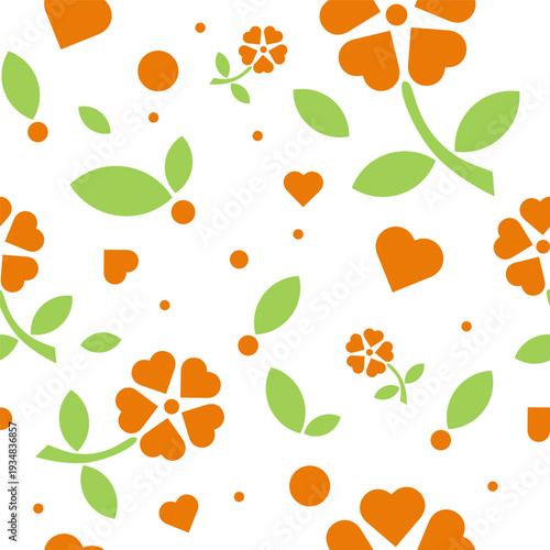 Seamless Spring Floral and Heart Pattern in Applique Style, Orange and Green – Mother’s Day Background