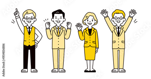 元気にポーズをとる複数の中高年のビジネスマン・社長・経営者の全身ベクターイラスト素材セット