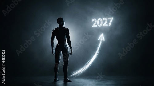 Humanoid robot silhouette with glowing arrow pointing to 2027. 2027 progress theme.