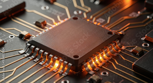 Extreme Macro of Computer Microchip Glowing with Orange Digital Light