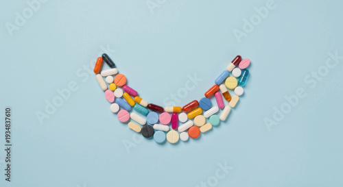 Creative Flat Lay of Vitamin Pills Forming a Smile on Blue Background