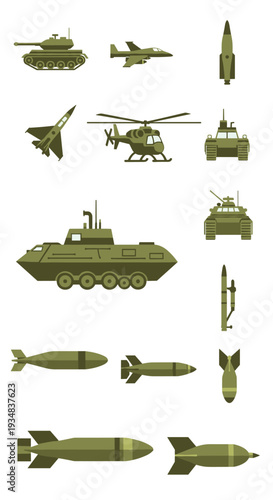 A collection of fifteen olive-green military vehicle and weapon icons, including tanks, jets, and bombs, displayed in a grid on a white background.