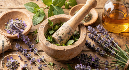 Rustic Flat Lay of Mortar and Pestle Grinding Fresh Herbs for Natural Medicine