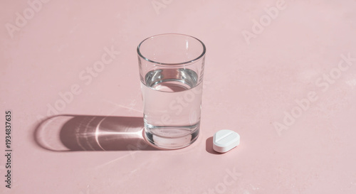 Minimalist Medical Concept with Water Glass and Single Pill on Pink