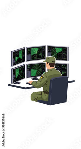 A single soldier in a green uniform sits at a desk, observing six computer monitors displaying green radar screens on a white background.