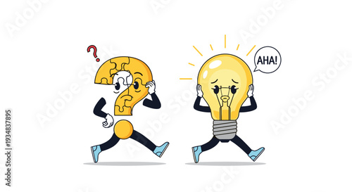 Creative concept illustration featuring a confused question mark character and a bright light bulb character having an idea.