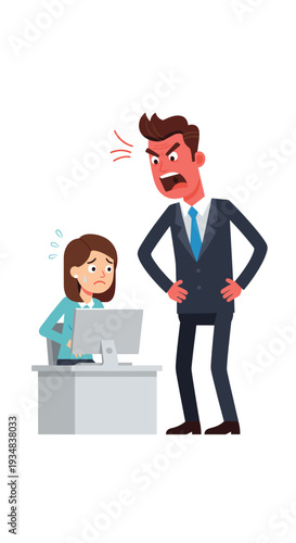 An enraged male boss with a red face stands aggressively over a crying female employee who is seated at a desk with a computer, against a white background.