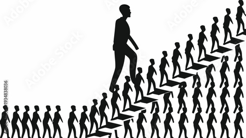 Businessman leads crowd up staircase to success