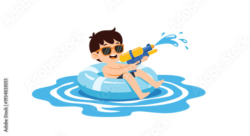 Cool young boy wearing sunglasses and sitting in a swimming ring while playing with a large blue and yellow water gun.