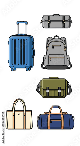 A collection of six diverse travel bags, including a blue rolling suitcase, a grey backpack, and various duffel and tote bags, are neatly displayed on a clean white background.