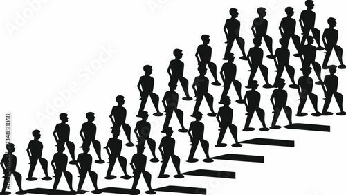 Silhouettes of people walking up stairs in a crowd