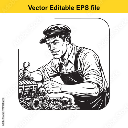 Mechanic Repairing Engine Vector Illustration on White Background