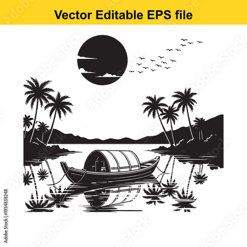 Tropical Boat Landscape with Palm Trees and Moon - Vector Illustration