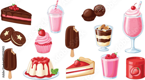 Strawberry and Chocolate Dessert Vector Set with Cake Slices, Milkshakes, Cupcakes, Popsicles, Pudding and Sweet Treat Illustrations