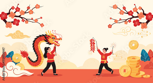 Two festive women performing a traditional dragon dance for Chinese New Year amidst gold coins and cherry blossoms.