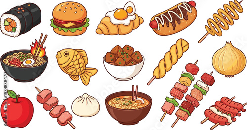 Street Food and Fast Food Collection with Sushi, Burger, Ramen, Hot Dog, Skewers and Asian Snacks Cartoon Vector Illustration Set