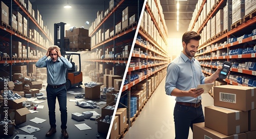 Left chaotic warehouse inventory scattered stressed manager; right neatly labeled shelves barcode scanner success organized logistics clarity commercial stock aesthetic