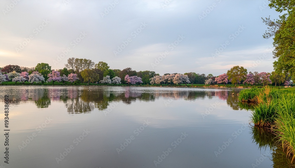 Obraz premium Calm lake reflecting soft spring blossoms along shoreline, pastel sky tones