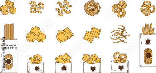 Whole Wheat Pasta Vector Set with Spaghetti, Fusilli, Macaroni, Penne, Ravioli and Organic Italian Dry Noodles in Packages