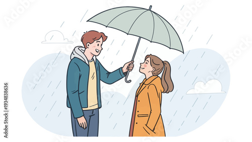Couple sharing romantic moment under umbrella on rainy day