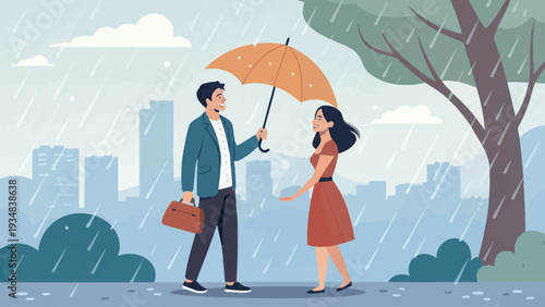 Man sharing umbrella with woman on rainy day in modern city