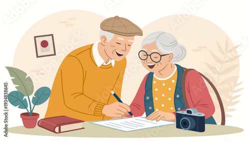 Elderly couple signing documents together at home with love and care