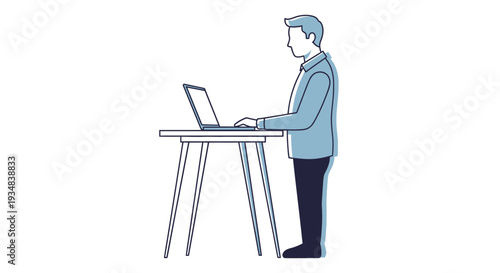 Person working on laptop standing at table in office environment