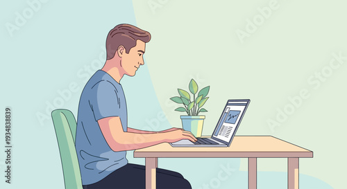 Man sitting at a desk working on laptop with plant nearby indoors