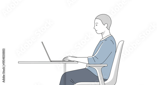 Man working on laptop at desk, side view illustration of person typing on computer in office chair