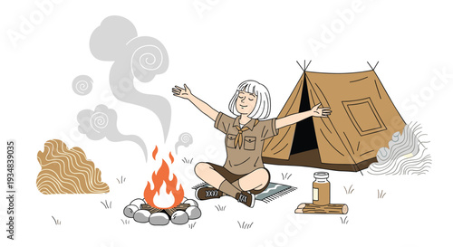 Peaceful young woman scout sitting cross-legged by a warm campfire and meditating in front of her tent at a campsite.